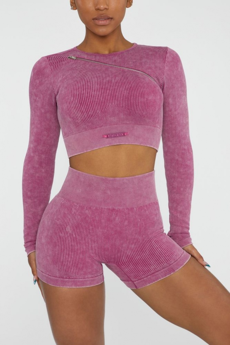 Dark Pink Oh Polly Agile Long Sleeve High Neck Zip Crop Top | OBCF-98267