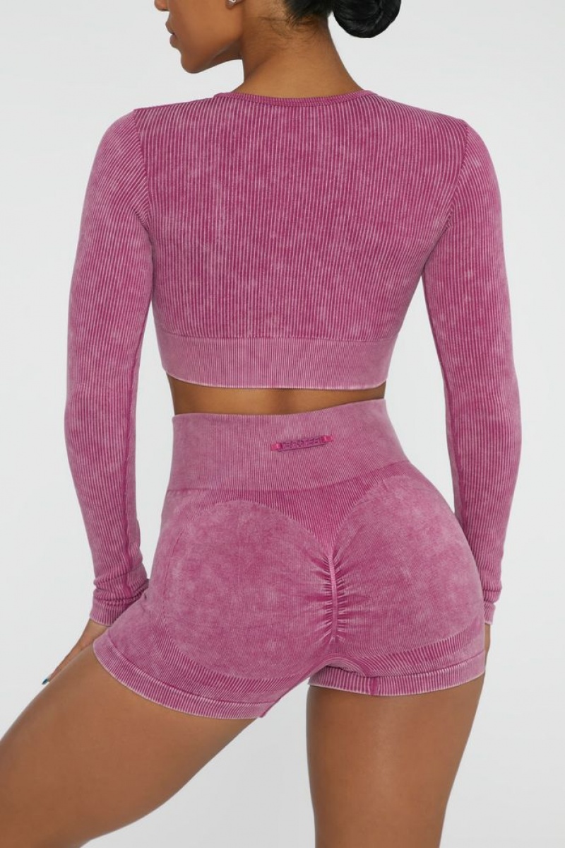 Dark Pink Oh Polly Agile Long Sleeve High Neck Zip Crop Top | OBCF-98267