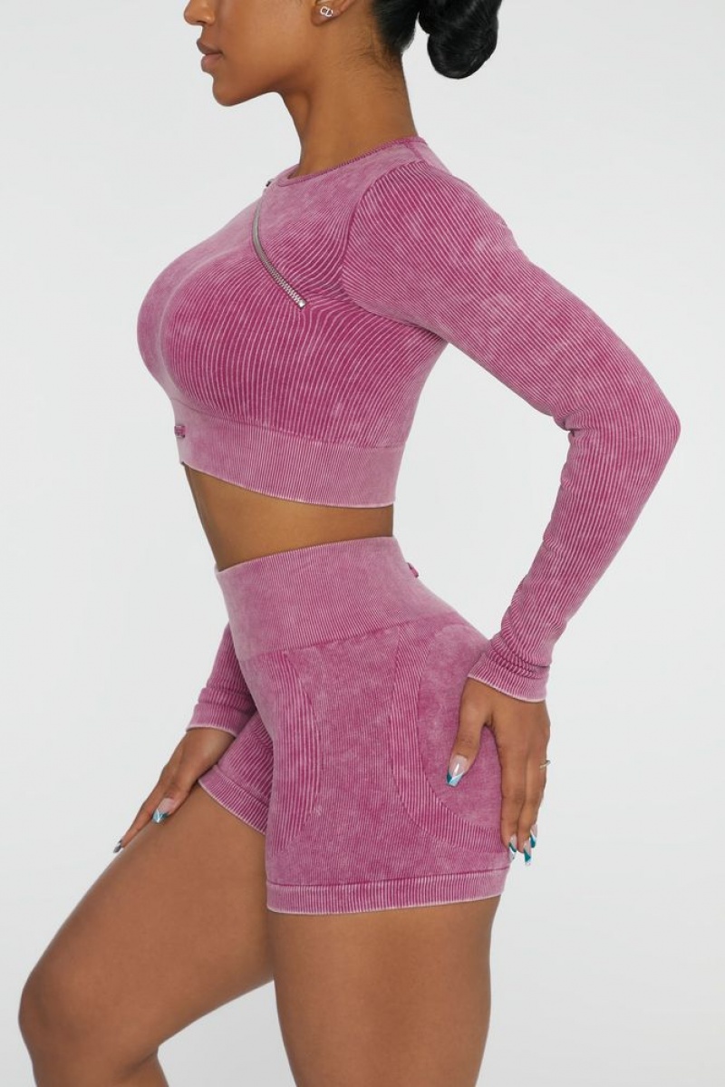 Dark Pink Oh Polly Agile Long Sleeve High Neck Zip Crop Top | OBCF-98267