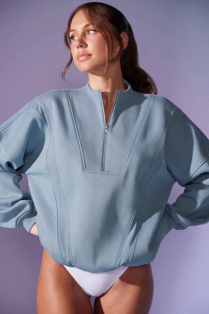 Denim Blue Oh Polly Comfort Zone Oversized Half Zip Sweatshirt | RHPN-42389