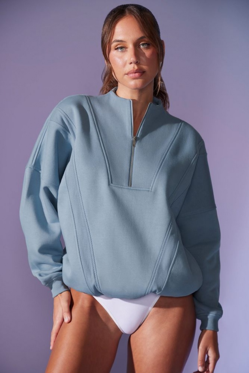 Denim Blue Oh Polly Comfort Zone Oversized Half Zip Sweatshirt | RHPN-42389