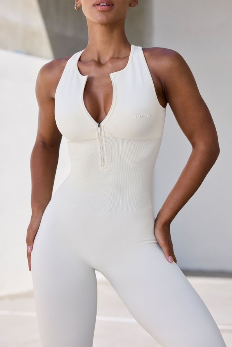 Eggshell Oh Polly Velocity Petite Super Sculpt Seamless Zip Up Full Length Unitard | ZMUK-28641