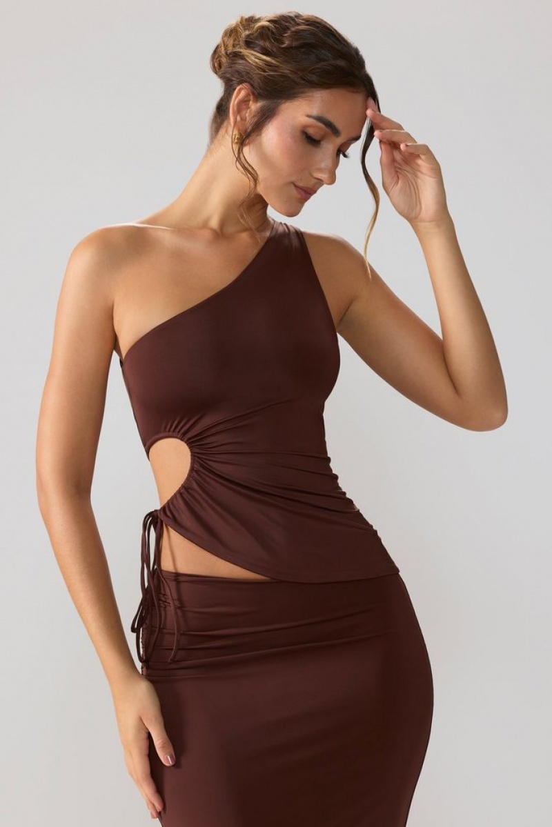 Espresso Oh Polly Aura Slinky Jersey Ruched Cut Out One Shoulder Top | ZPYS-69245