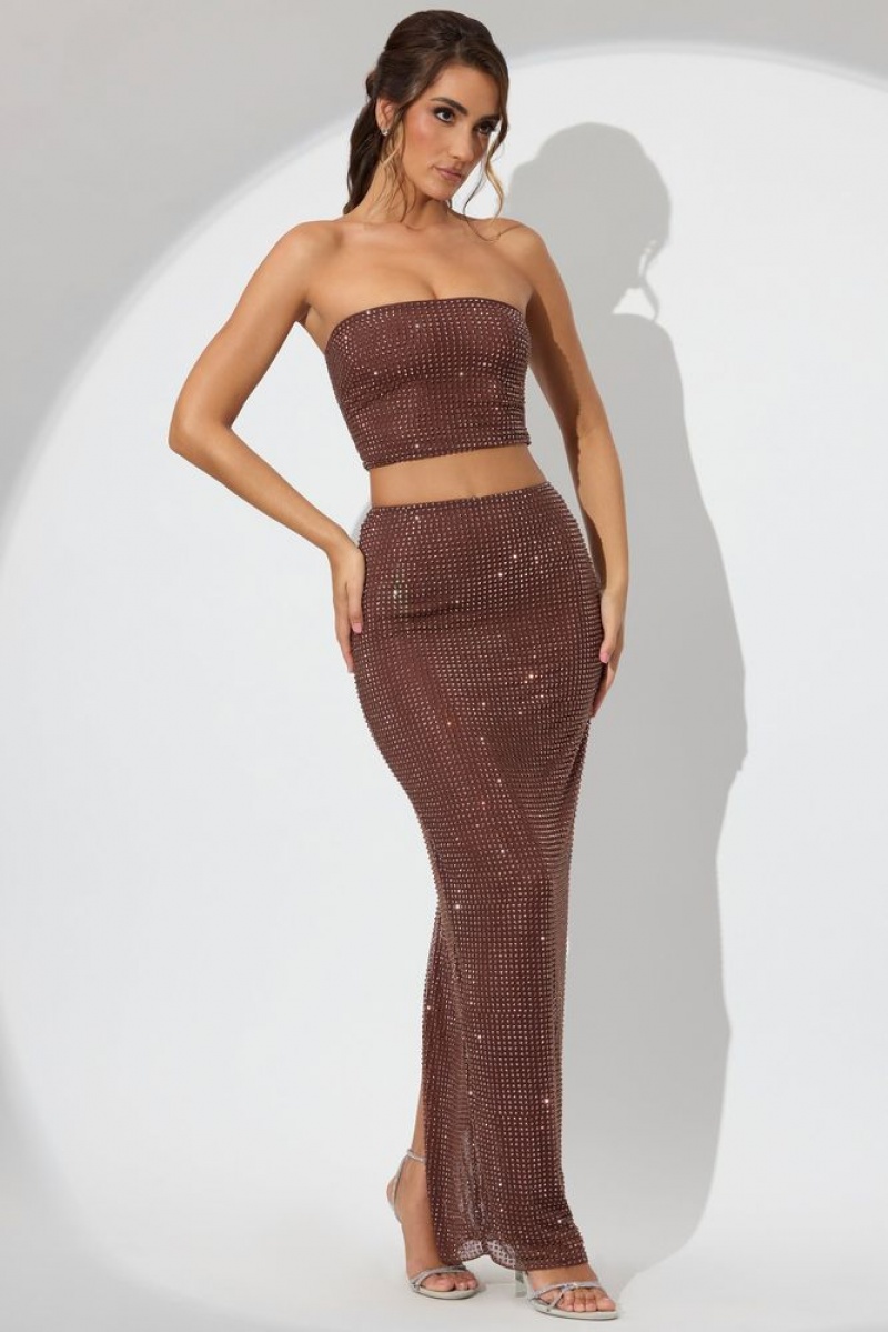 Espresso Oh Polly Fausta Embellished Mid Rise Maxi Skirt | QIEW-36541