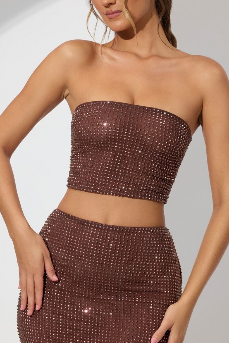 Espresso Oh Polly Nicia Embellished Strapless Crop Top | EDGS-09218