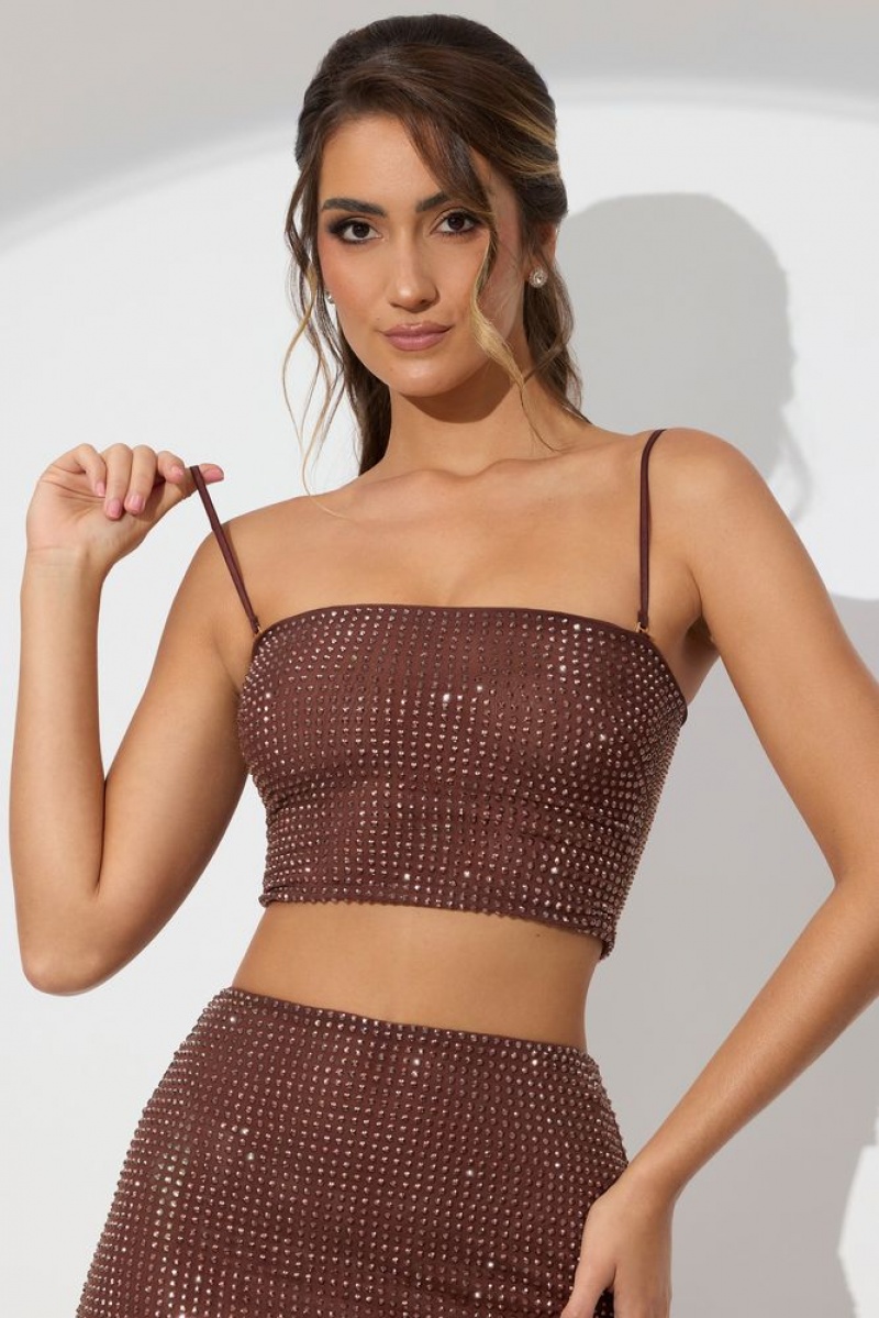 Espresso Oh Polly Nicia Embellished Strapless Crop Top | EDGS-09218