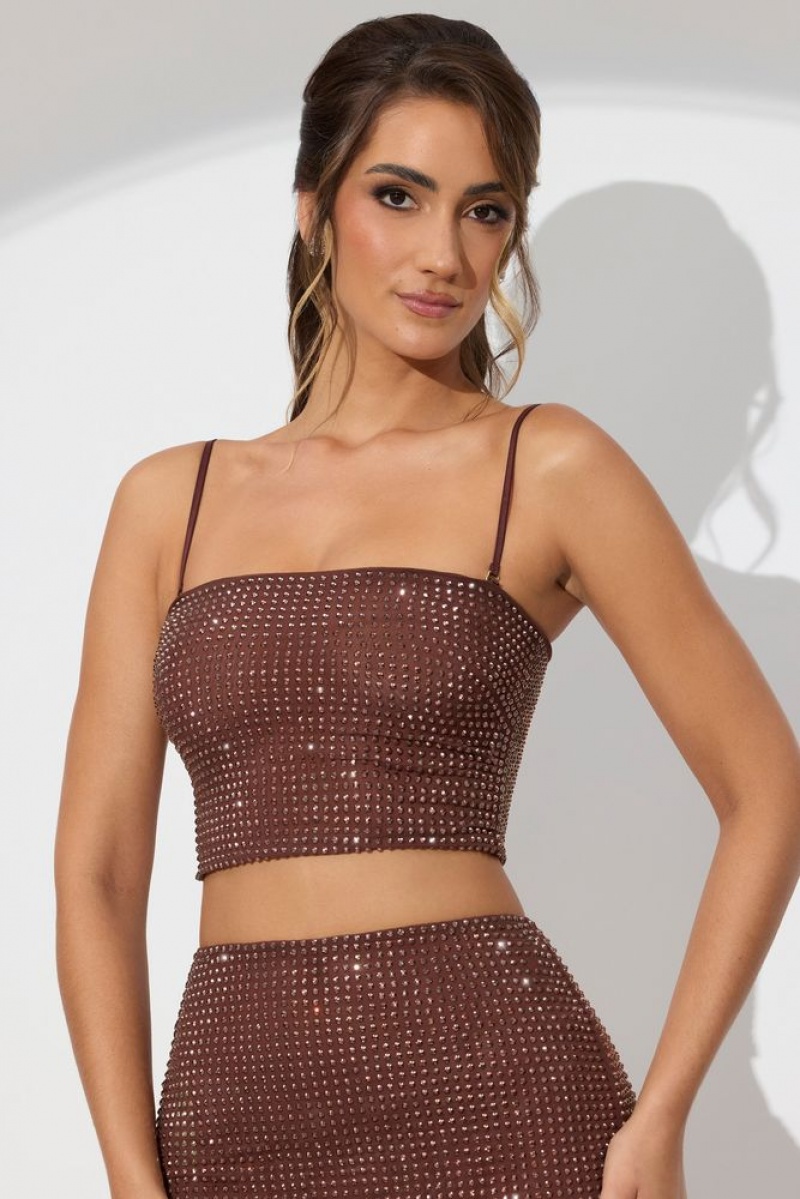 Espresso Oh Polly Nicia Embellished Strapless Crop Top | EDGS-09218