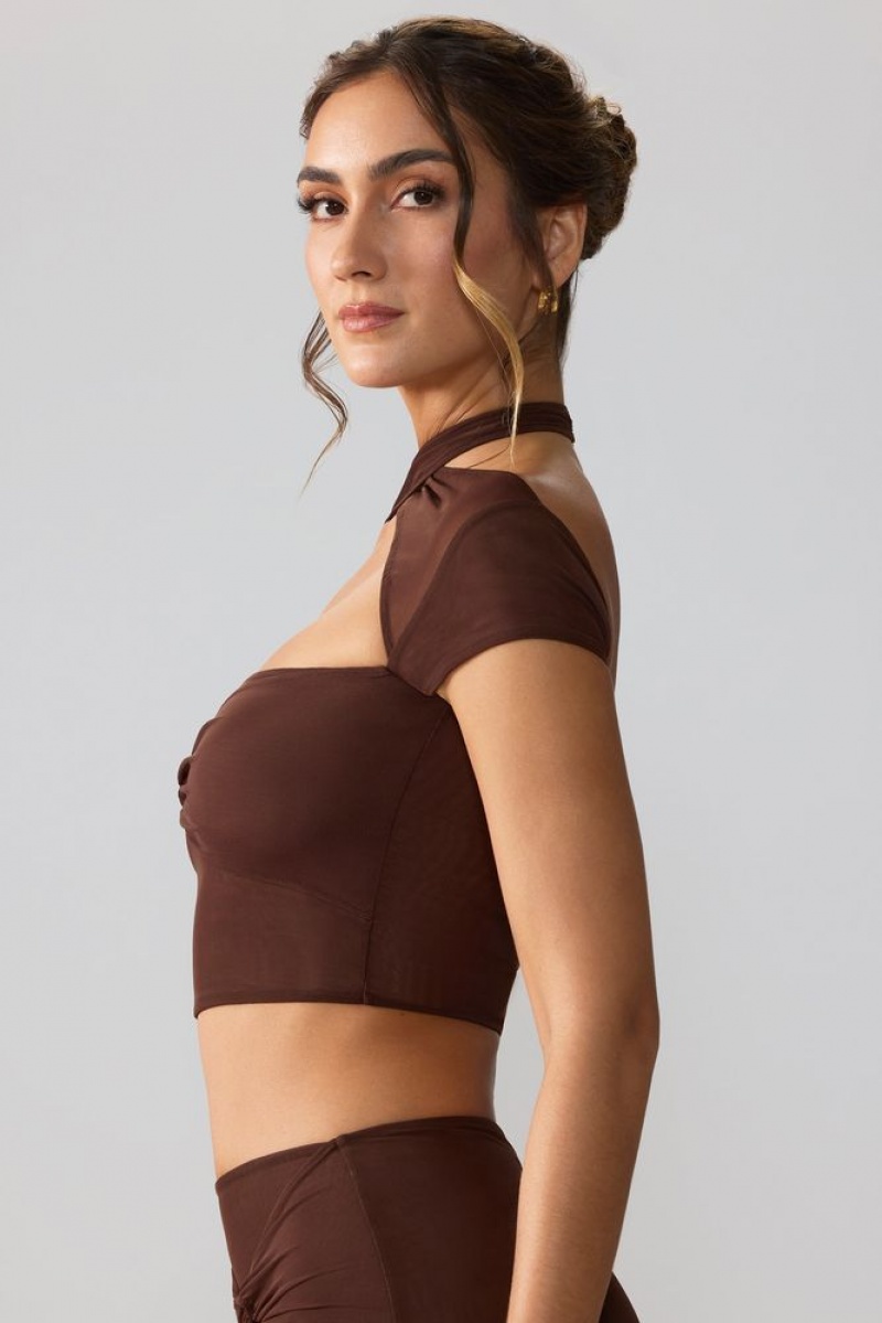 Espresso Oh Polly Opal Mesh Cap Sleeve Cut Out Crop Top | QLKC-96048