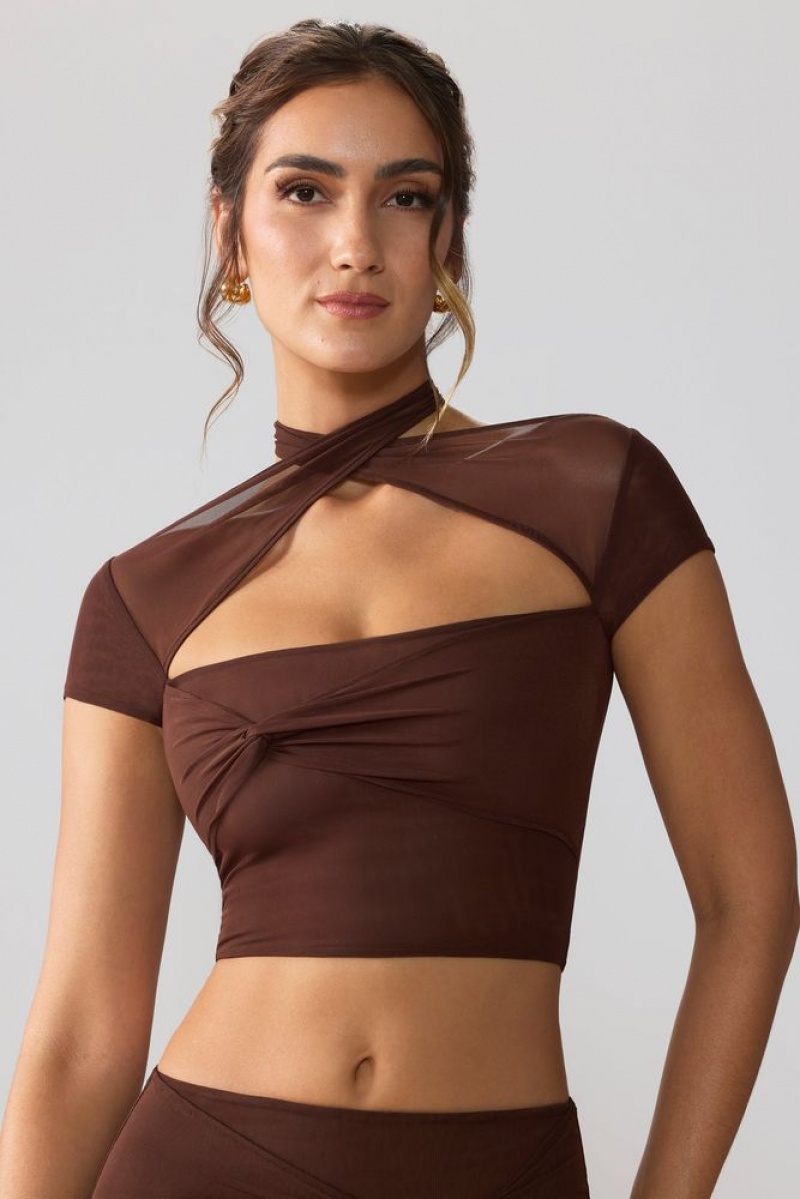 Espresso Oh Polly Opal Mesh Cap Sleeve Cut Out Crop Top | QLKC-96048