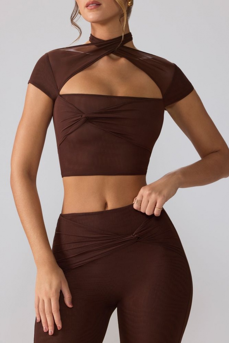 Espresso Oh Polly Opal Mesh Cap Sleeve Cut Out Crop Top | QLKC-96048