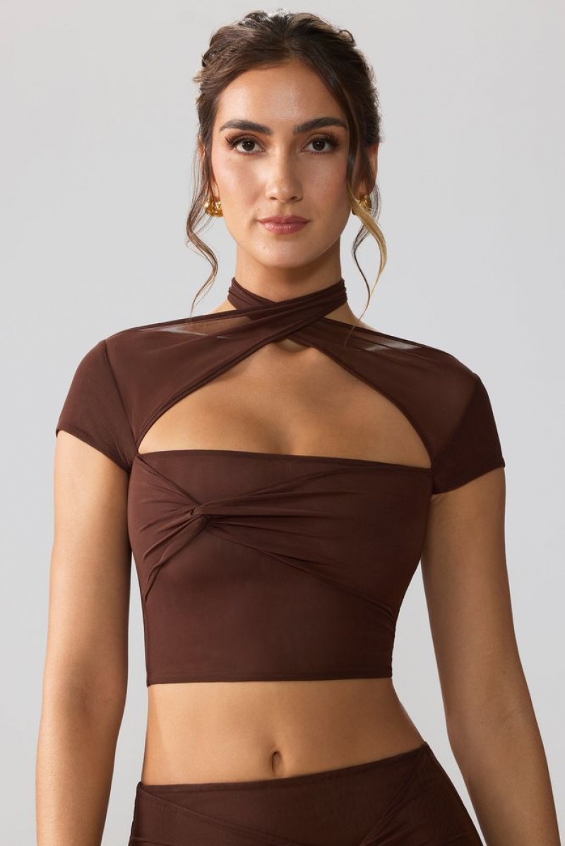 Espresso Oh Polly Opal Mesh Cap Sleeve Cut Out Crop Top | QLKC-96048