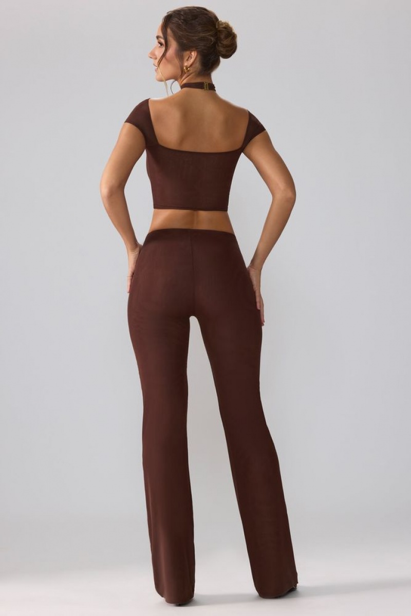 Espresso Oh Polly Ridley Mesh Mid Rise Twist Overlay Flare Trousers | EYHU-32985