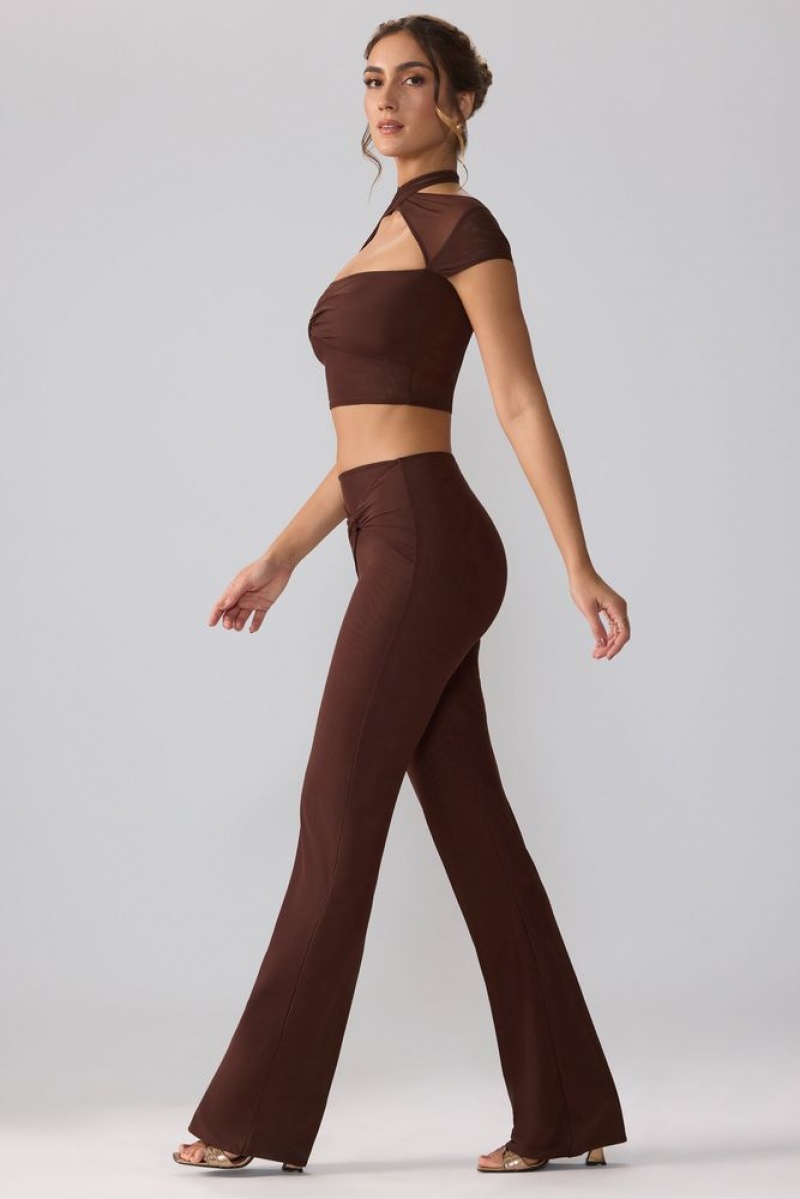 Espresso Oh Polly Ridley Mesh Mid Rise Twist Overlay Flare Trousers | EYHU-32985