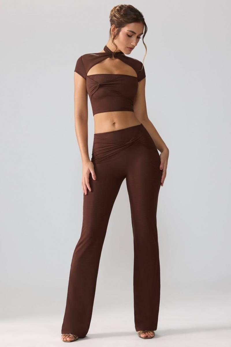 Espresso Oh Polly Ridley Mesh Mid Rise Twist Overlay Flare Trousers | EYHU-32985