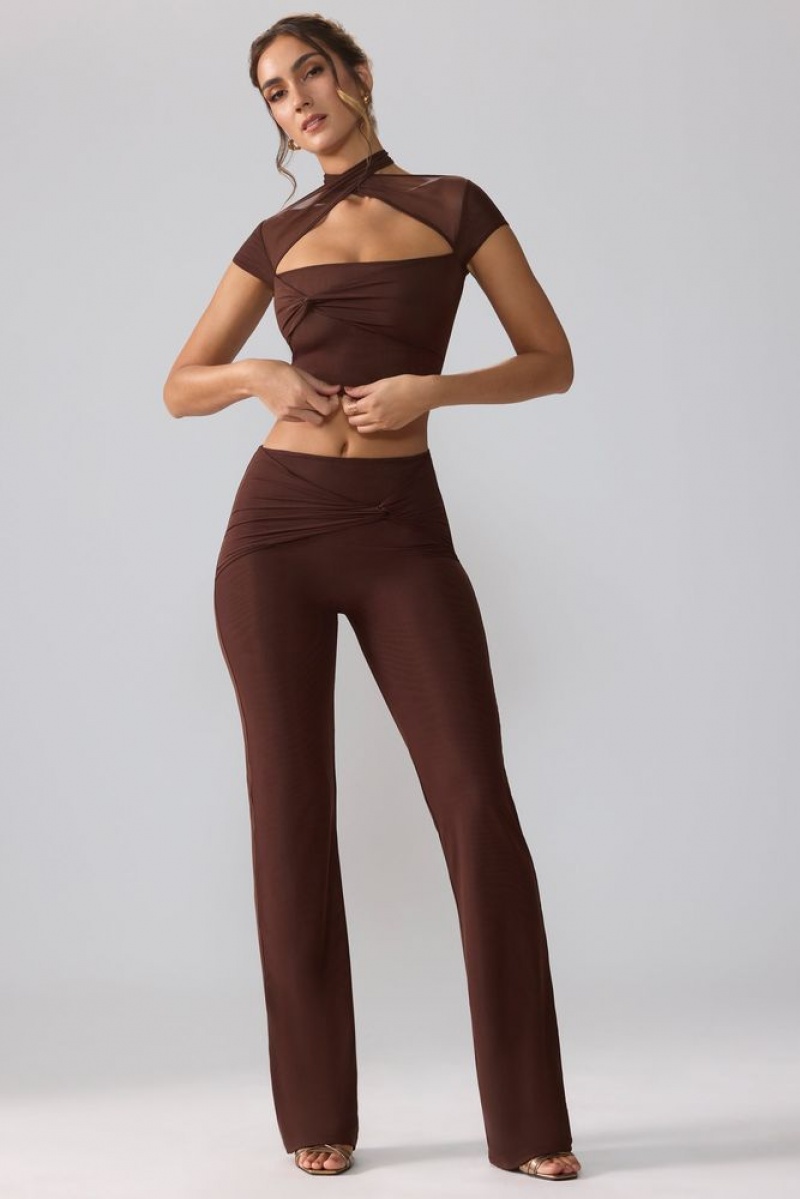 Espresso Oh Polly Ridley Mesh Mid Rise Twist Overlay Flare Trousers | EYHU-32985