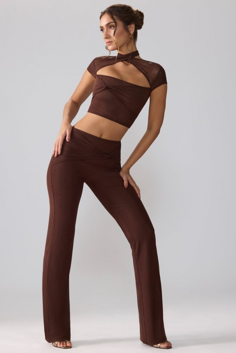 Espresso Oh Polly Ridley Mesh Mid Rise Twist Overlay Flare Trousers | EYHU-32985