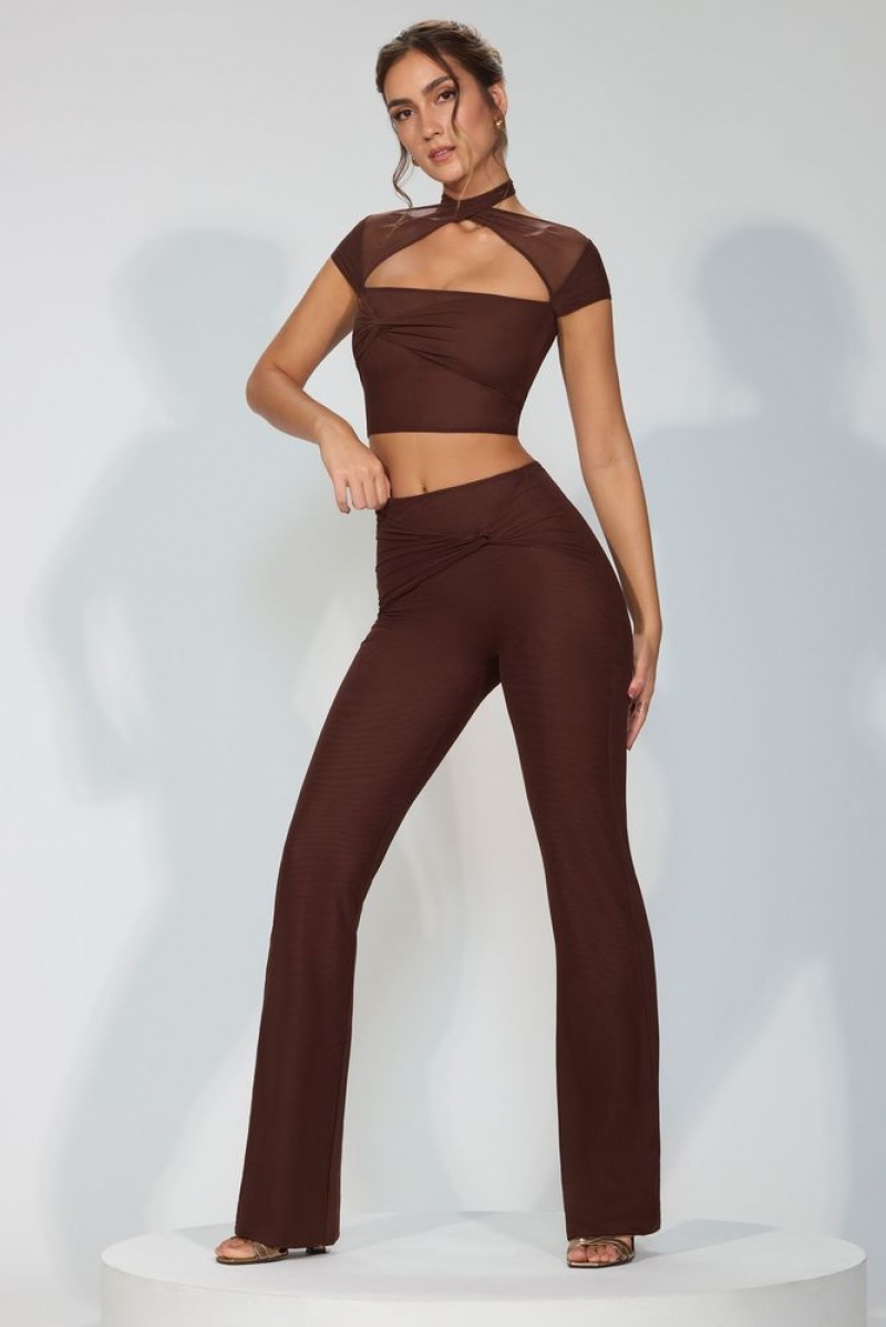 Espresso Oh Polly Ridley Mesh Mid Rise Twist Overlay Flare Trousers | EYHU-32985