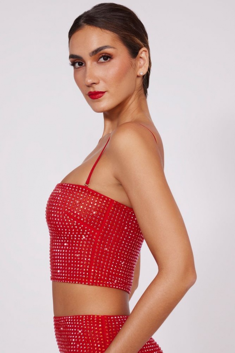 Fire Red Oh Polly Nicia Embellished Strapless Crop Top | MPWZ-71693