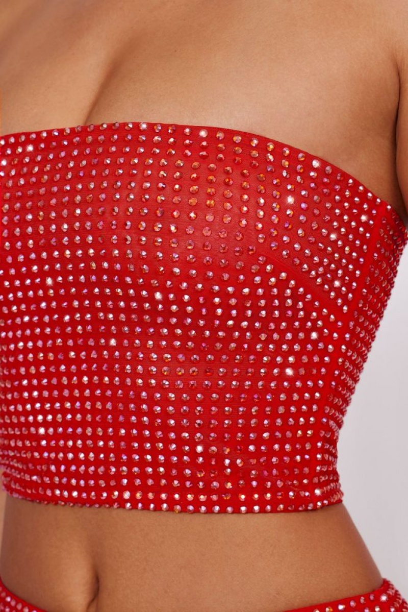 Fire Red Oh Polly Nicia Embellished Strapless Crop Top | MPWZ-71693