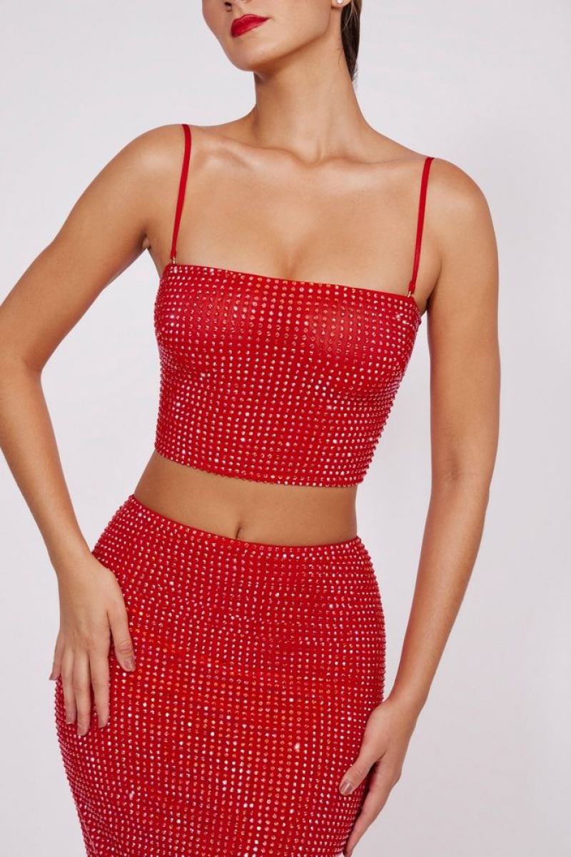 Fire Red Oh Polly Nicia Embellished Strapless Crop Top | MPWZ-71693