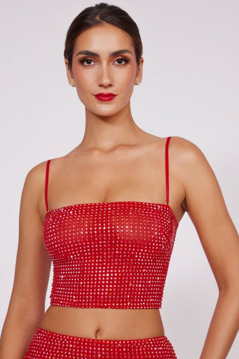 Fire Red Oh Polly Nicia Embellished Strapless Crop Top | MPWZ-71693