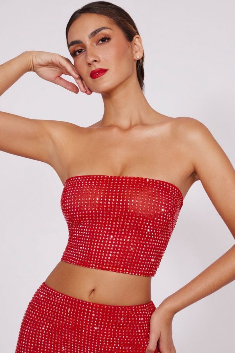 Fire Red Oh Polly Nicia Embellished Strapless Crop Top | MPWZ-71693