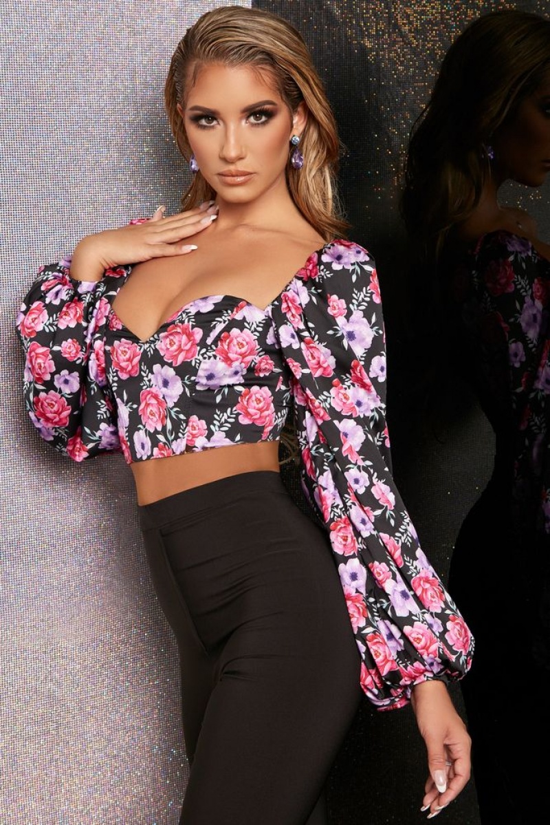 Floral Print Oh Polly Secret Garden Balloon Sleeve Crop Top | ZCLY-14520