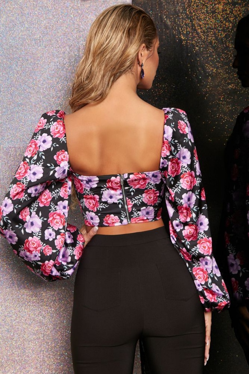 Floral Print Oh Polly Secret Garden Balloon Sleeve Crop Top | ZCLY-14520