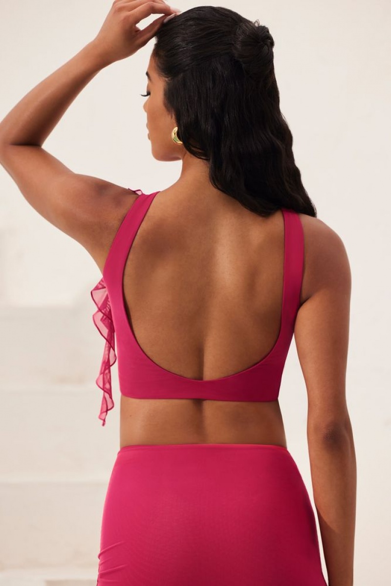 Fuchsia Oh Polly Verbena Open Back Ruched Ruffle Crop Top | MGPT-18245