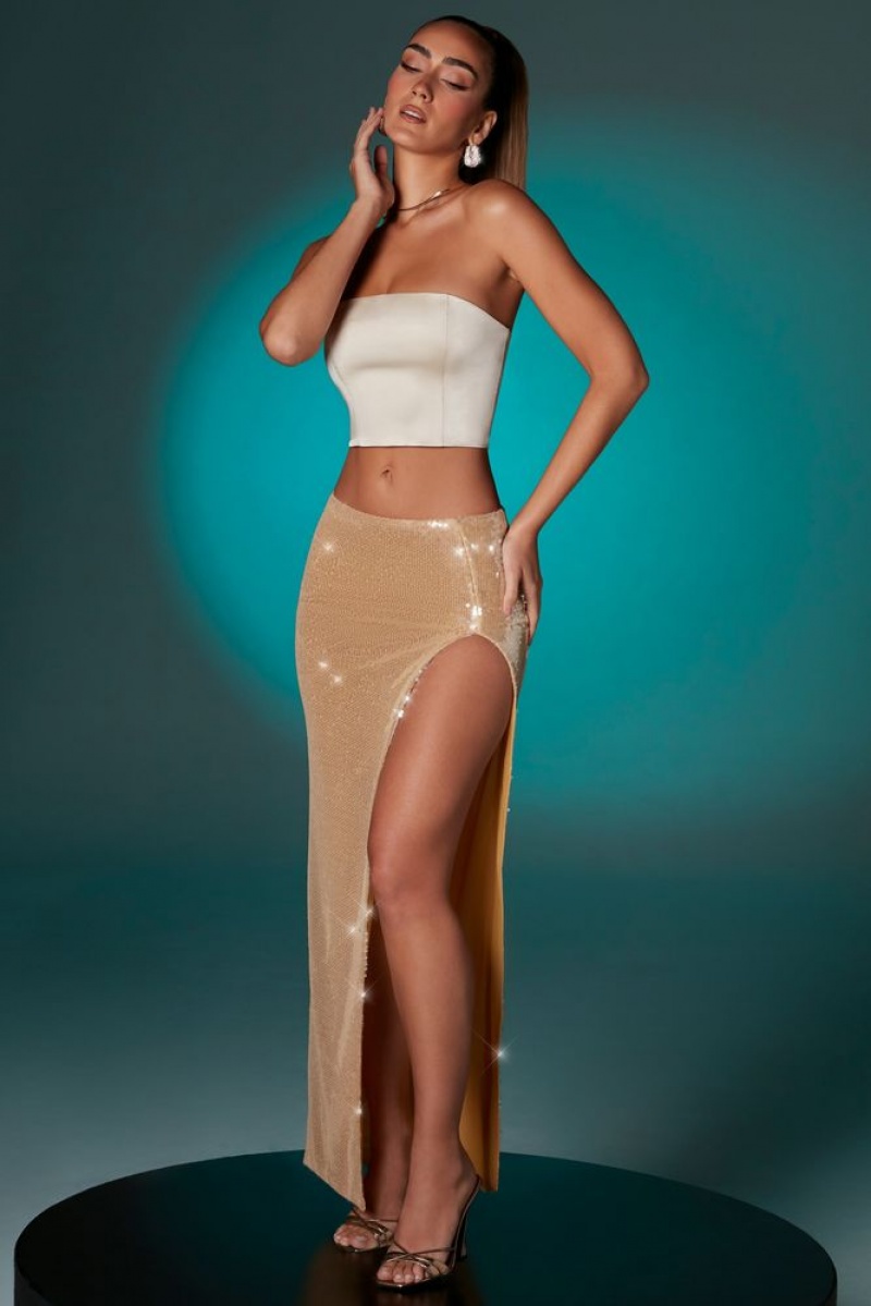 Gold Oh Polly Godiva Flat Sequin Thigh Split Maxi Skirt | TJMW-72498