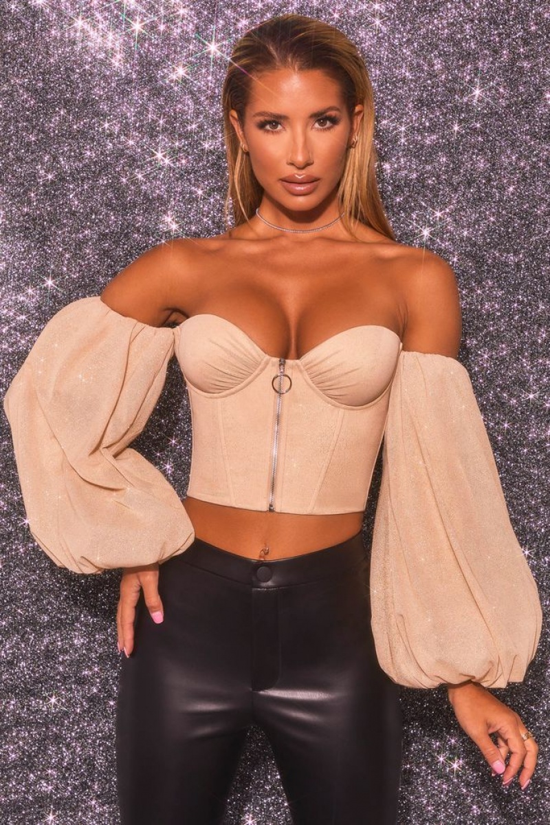 Gold Oh Polly Keep On Shining Bardot Puff Sleeve Crop Top | VWUL-83152