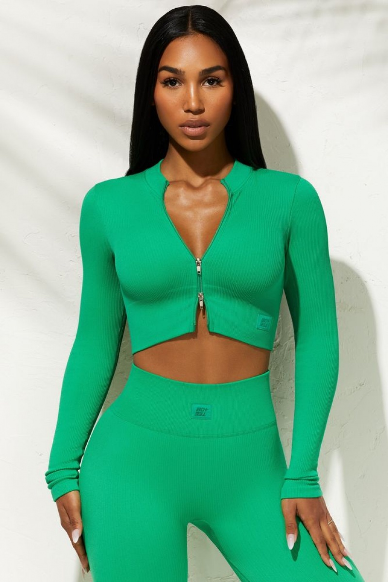 Green Oh Polly All The Way Long Sleeve Zip Crop Top | UFDZ-75194