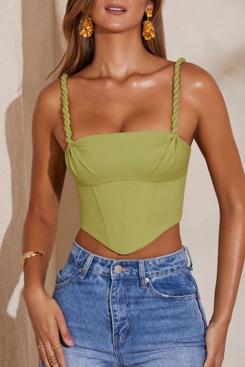 Green Oh Polly Amal Slight Cowl Neckline Corset Crop Top | KYNG-89216