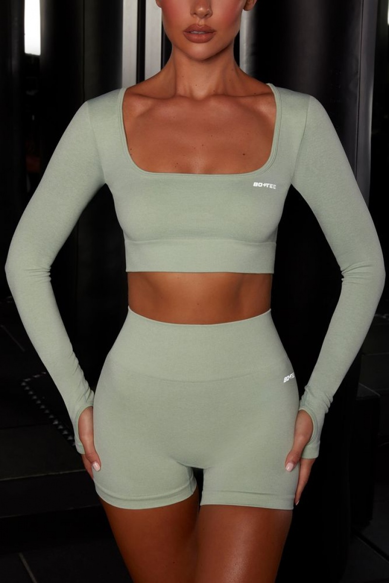 Green Oh Polly Motion Seamless Long Sleeve Crop Top | PXVF-15493