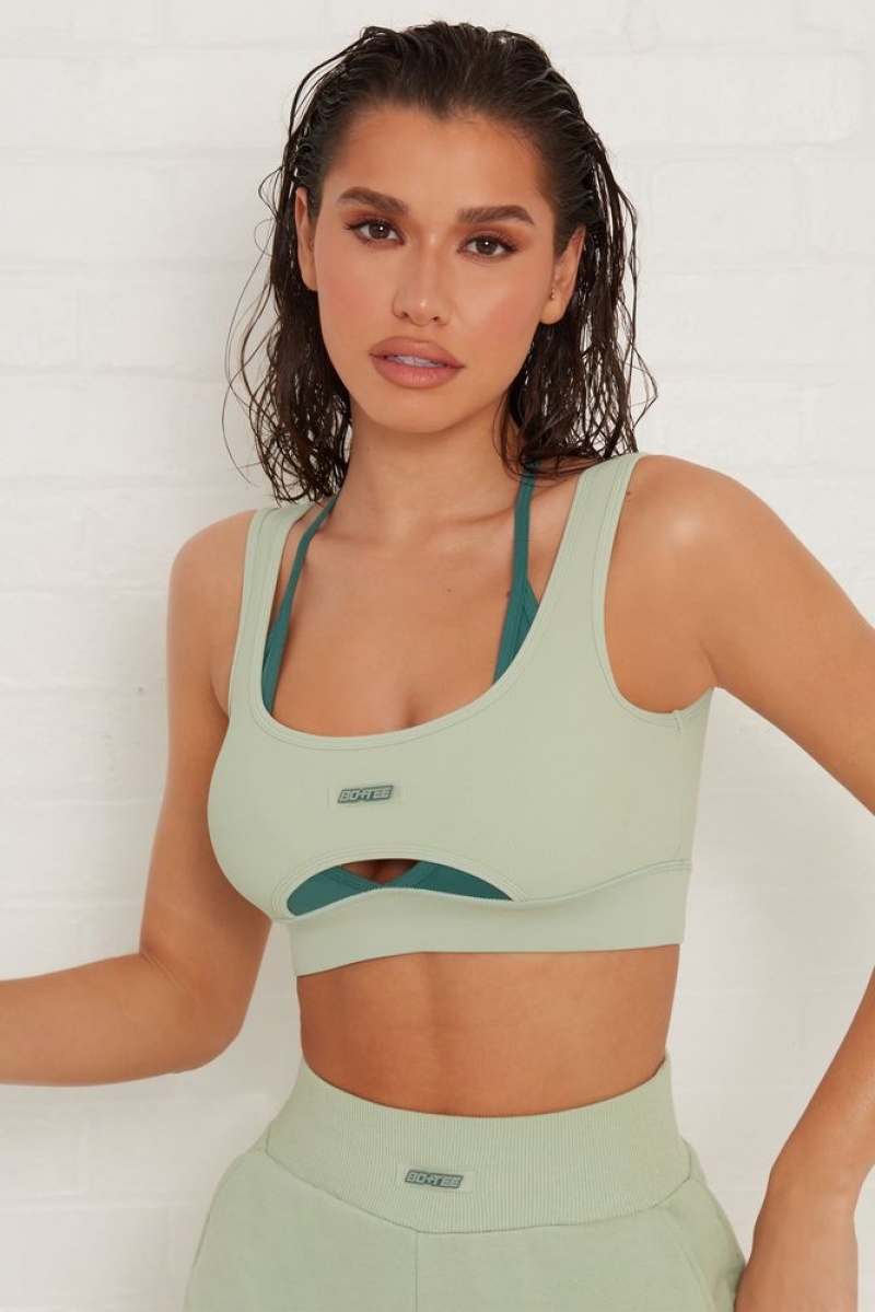 Green Oh Polly Ready Layered Cut Out Ribbed Sports Bra | NVAJ-47905