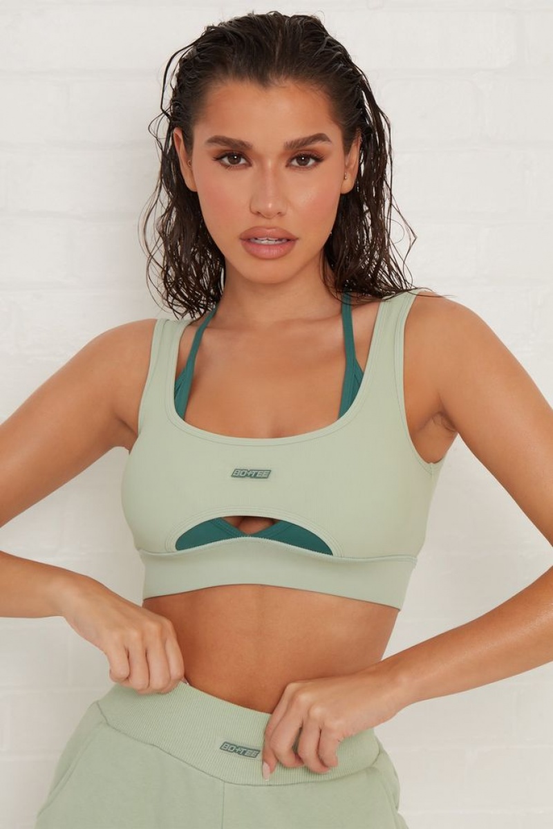 Green Oh Polly Ready Layered Cut Out Ribbed Sports Bra | NVAJ-47905