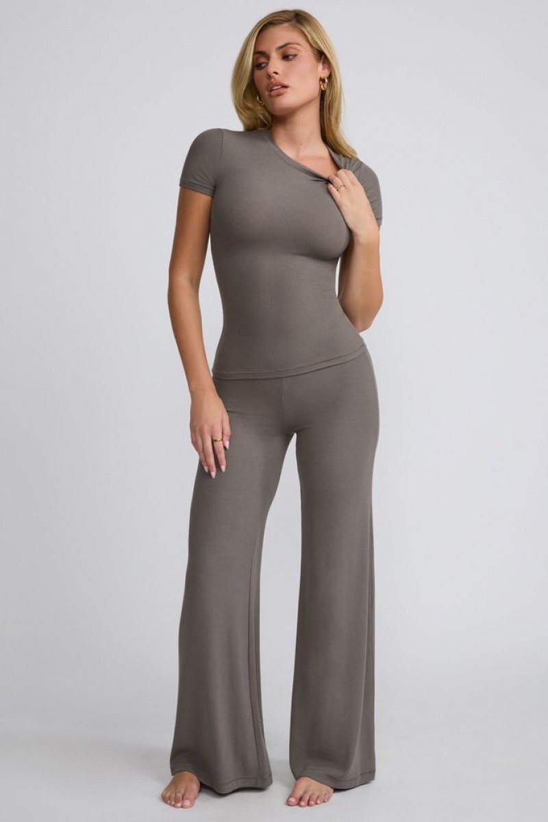 Grey Oh Polly Zeina Ribbed Modal High Neck Top | QFGR-41536