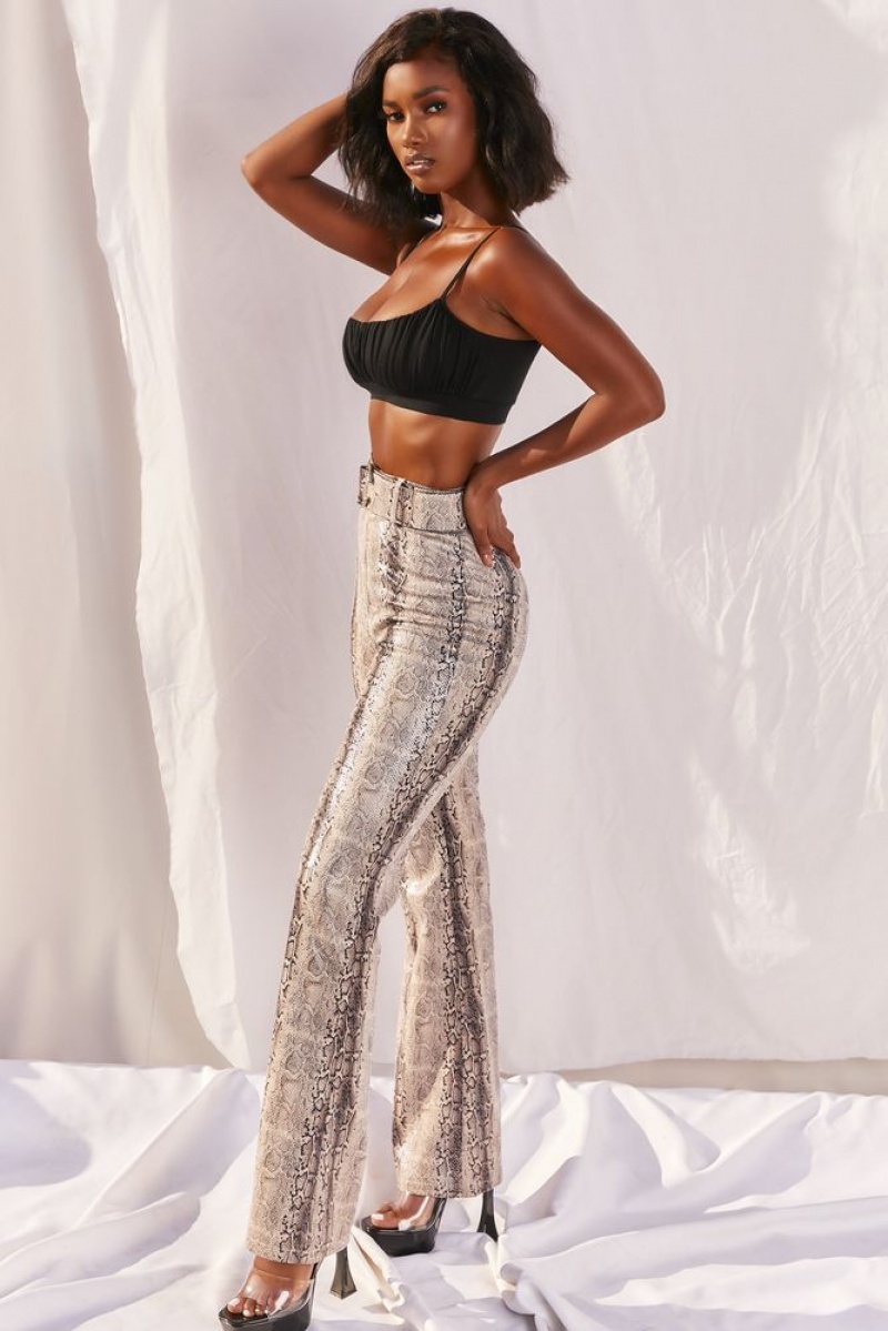 Grey Snake Print Oh Polly Drive ‘Em Wild High Waisted Wide Leg Trousers | GZNF-96125