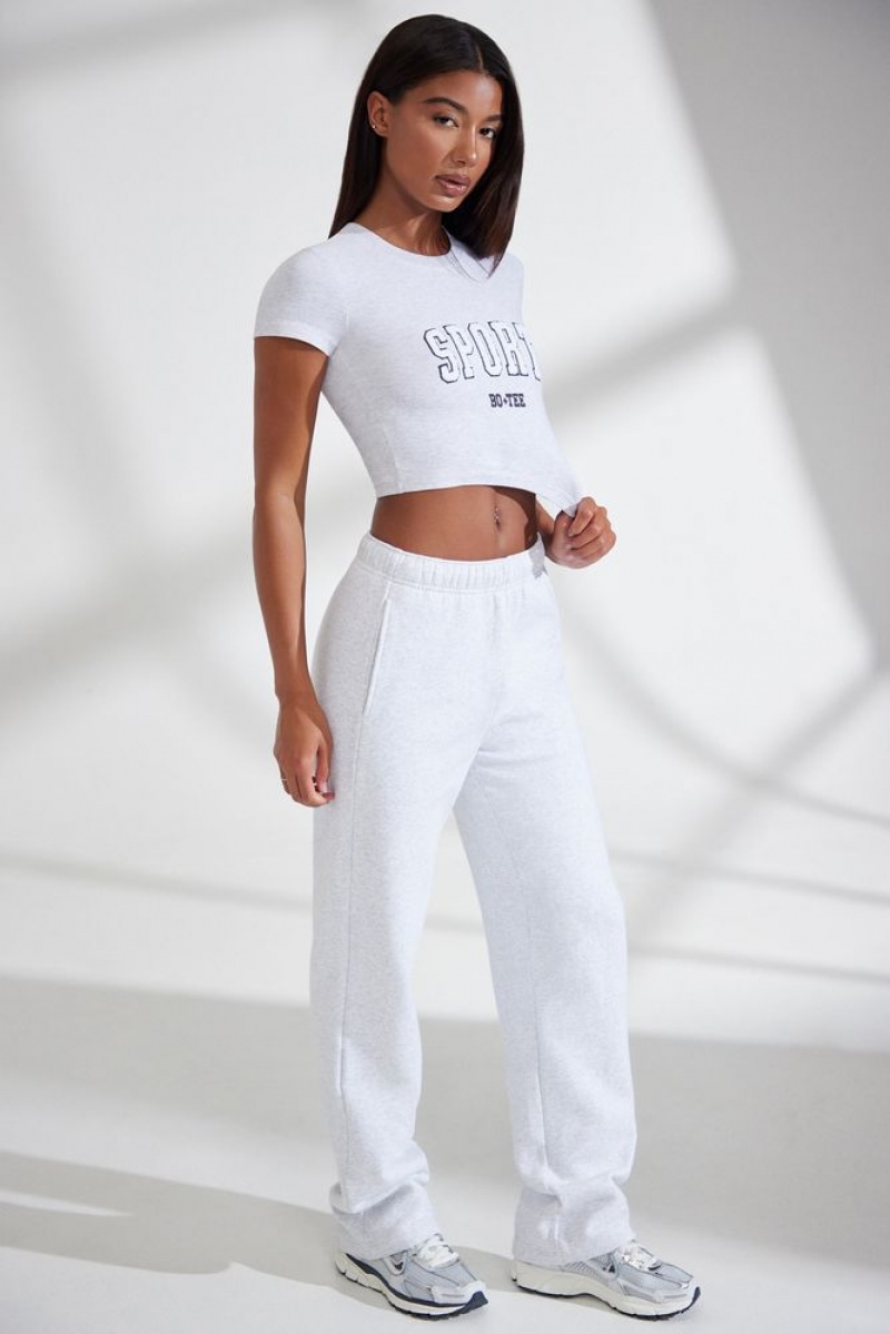 Heather Grey Oh Polly Athletics Petite Wide Leg Embroidered Back Joggers | IYSV-47920