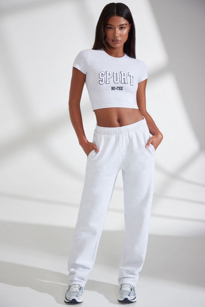 Heather Grey Oh Polly Athletics Petite Wide Leg Embroidered Back Joggers | IYSV-47920