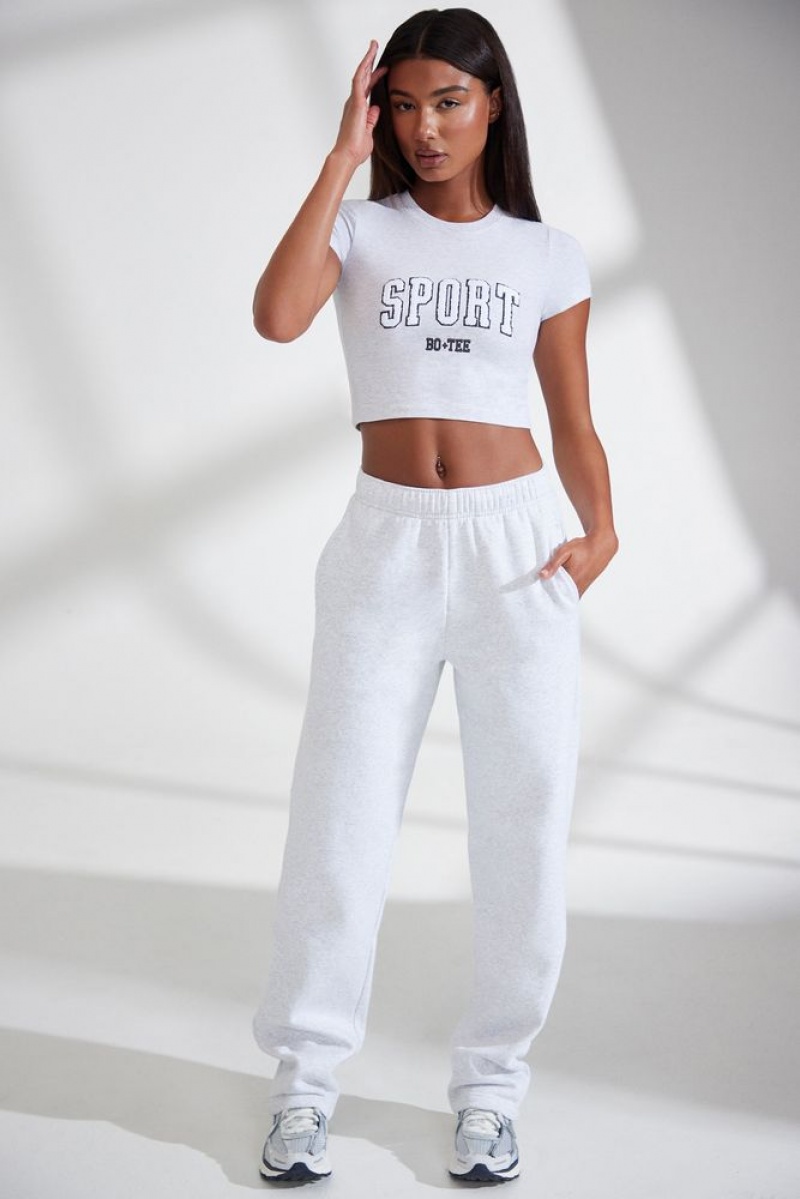 Heather Grey Oh Polly Athletics Petite Wide Leg Embroidered Back Joggers | IYSV-47920