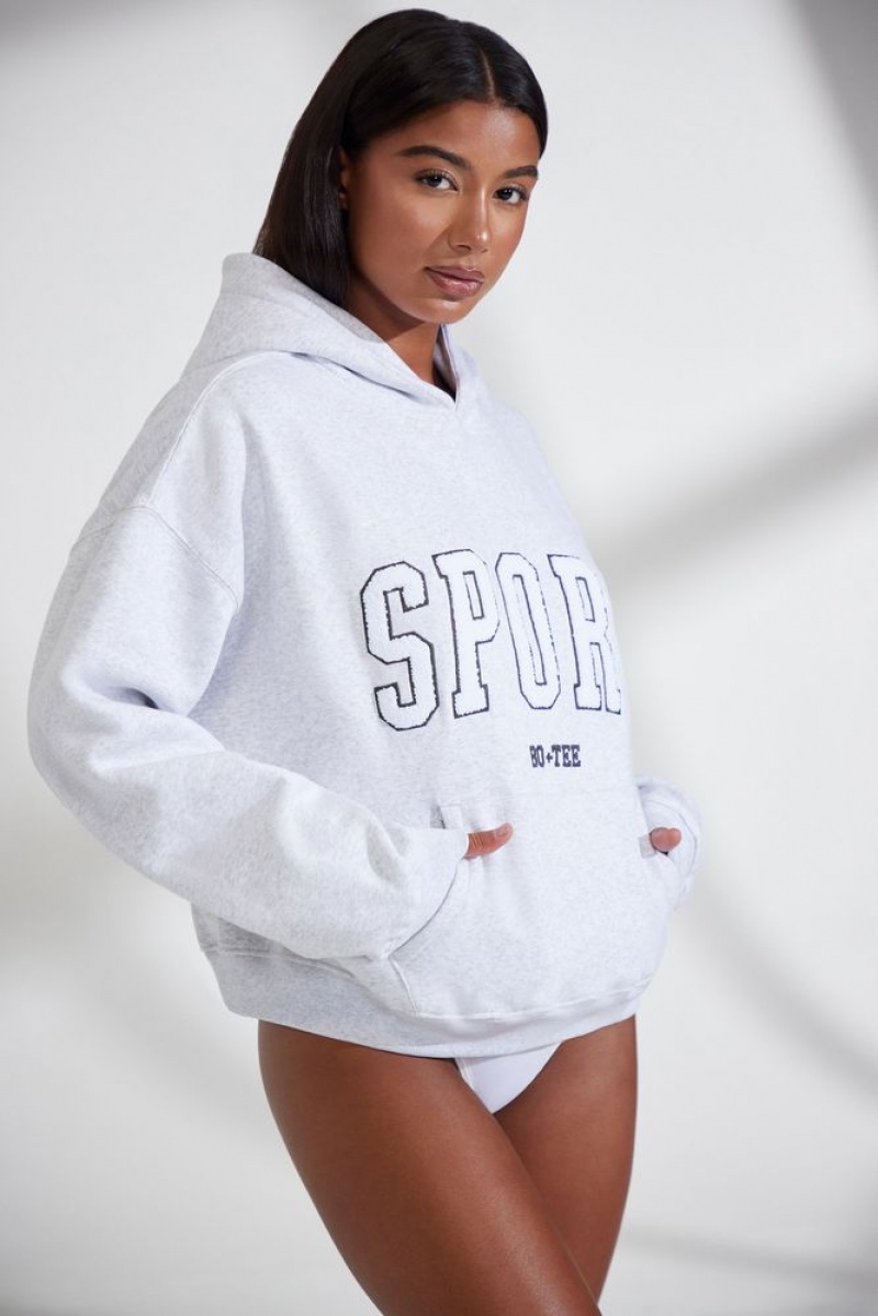 Heather Grey Oh Polly Varsity Oversized Hooded Sweatshirt | GEWB-78915