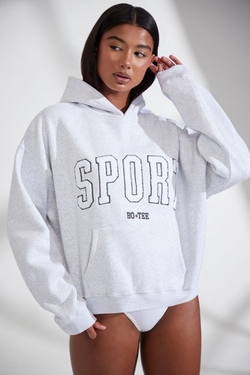 Heather Grey Oh Polly Varsity Oversized Hooded Sweatshirt | GEWB-78915