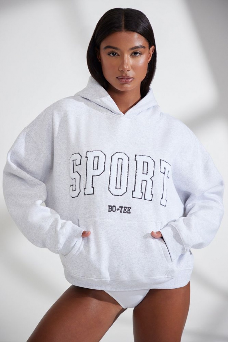 Heather Grey Oh Polly Varsity Oversized Hooded Sweatshirt | GEWB-78915