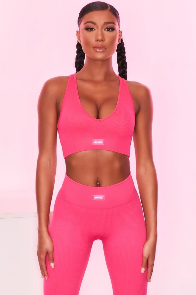 Hot Pink Oh Polly Be The Best Ribbed Plunge Neck Sports Bra | MEQN-71492