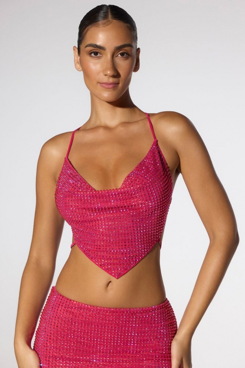 Hot Pink Oh Polly Rocco Embellished Cowl Neck Open Back Crop Top | VQHL-07594