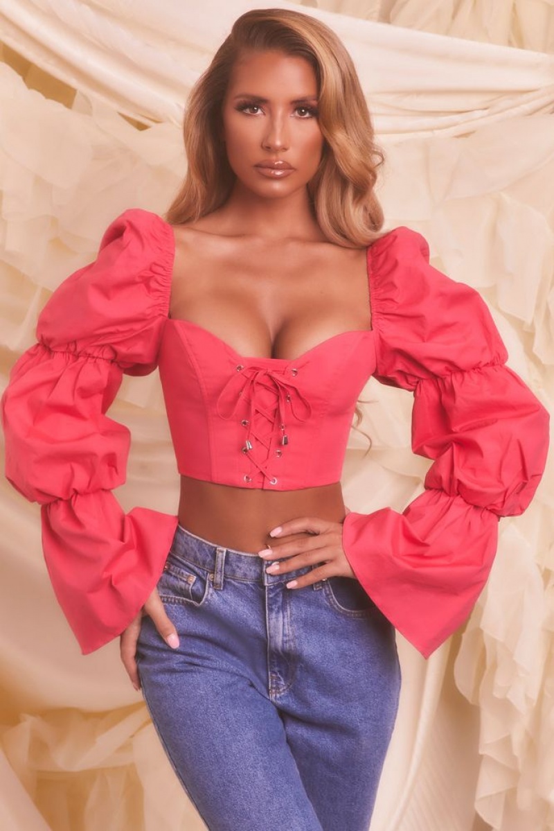 Hot Pink Oh Polly Sent From Heaven Puff Sleeve Lace Up Crop Top | CVZE-20875