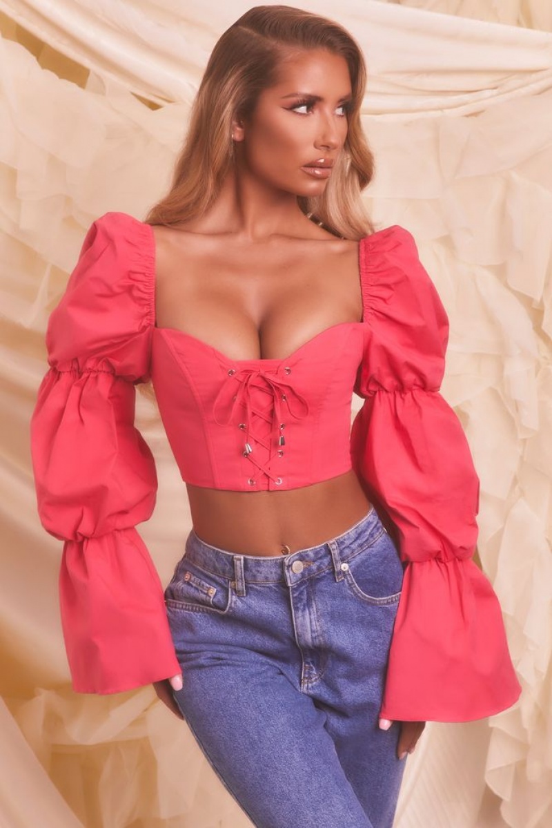 Hot Pink Oh Polly Sent From Heaven Puff Sleeve Lace Up Crop Top | CVZE-20875