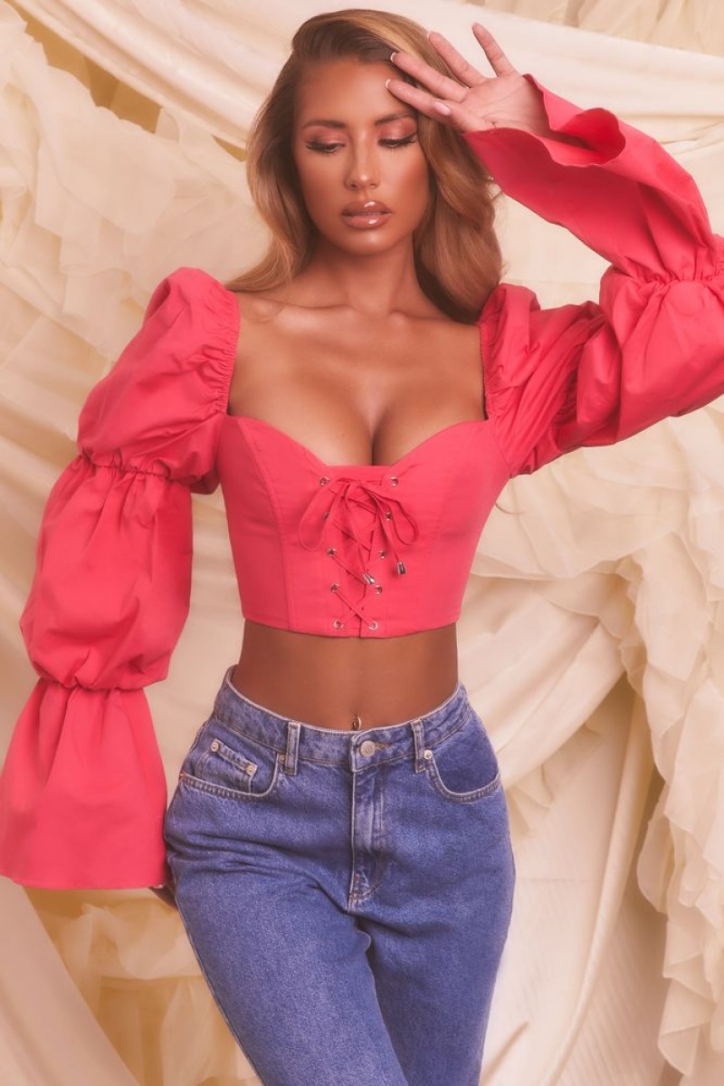 Hot Pink Oh Polly Sent From Heaven Puff Sleeve Lace Up Crop Top | CVZE-20875