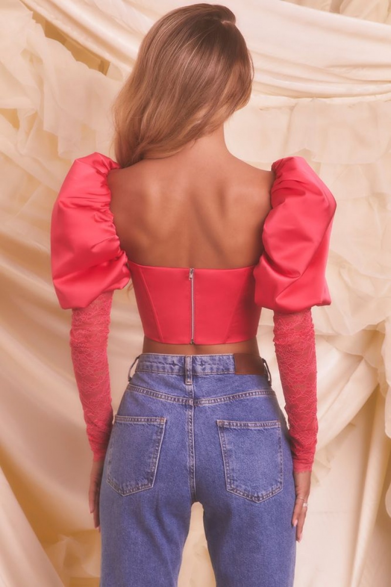 Hot Pink Oh Polly Somebody To Love Puff Sleeve Satin Lace Crop Top | QWZY-62873